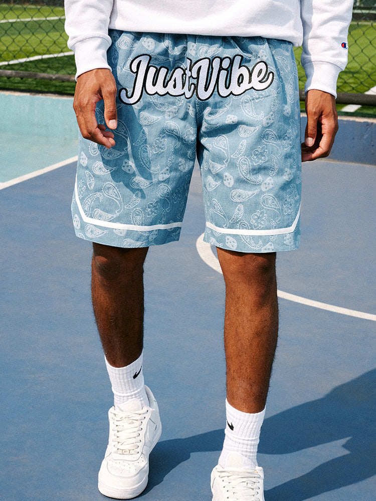 JUST VIBE Paisley Dice Denim Basketball Shorts | Face 3 Face