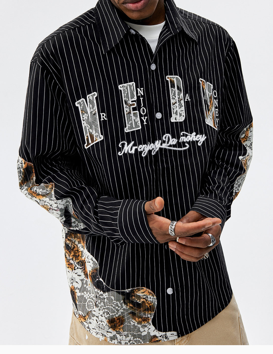 MEDM Lace Embroidered Striped Long Sleeve Shirt | Face 3 Face