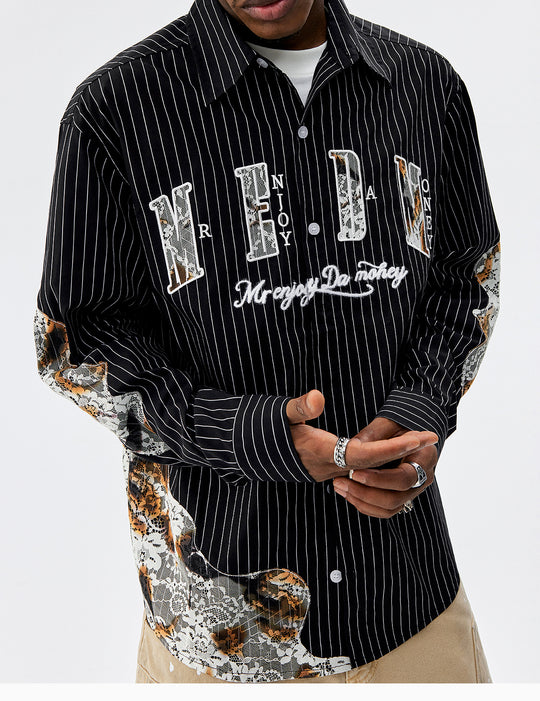 MEDM Lace Embroidered Striped Long Sleeve Shirt | Face 3 Face
