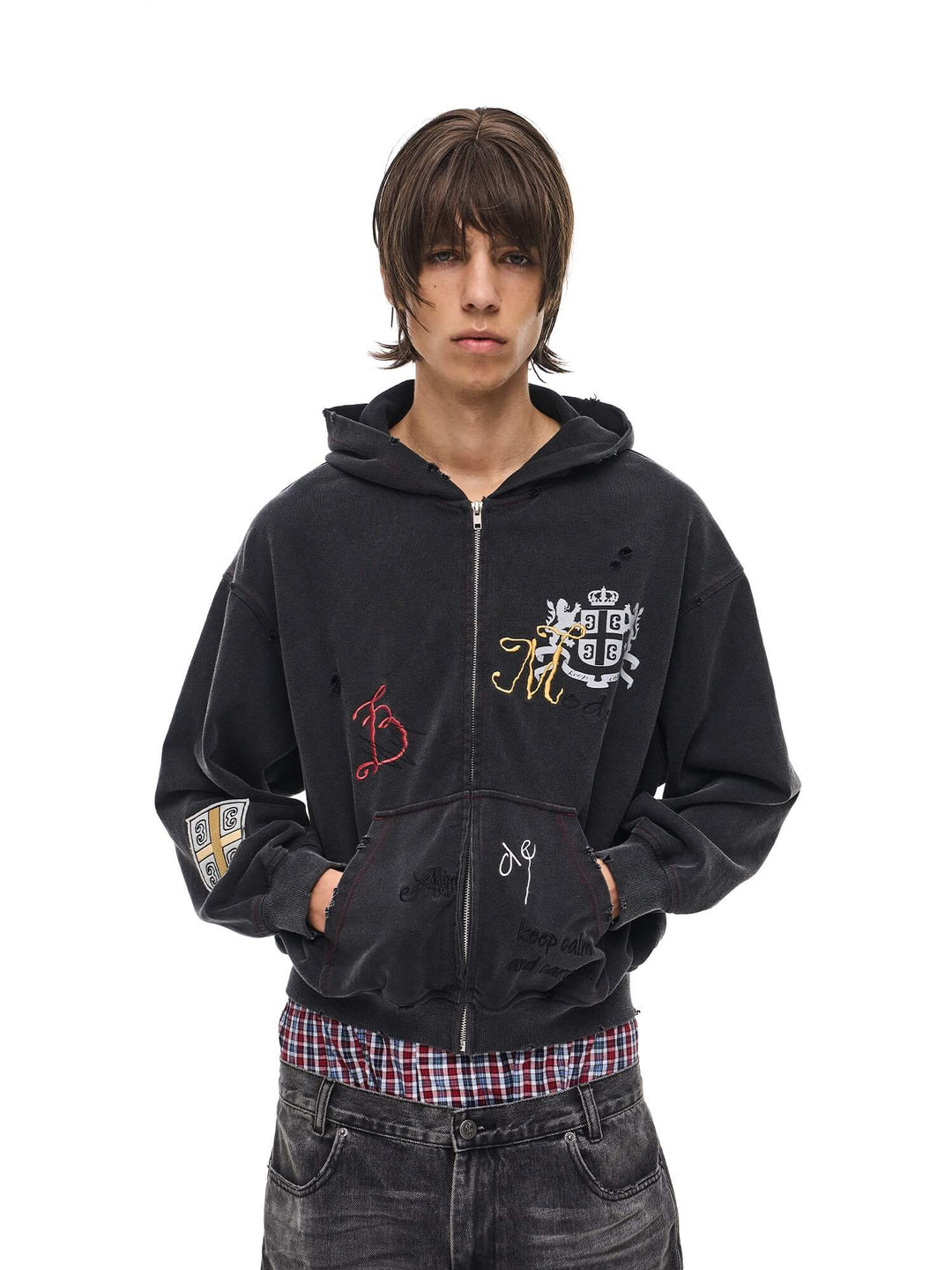 EXITMODE BY BLIND NO PLAN Washed Distressed Embroidered Patch Zip Up Hoodie | Face 3 Face