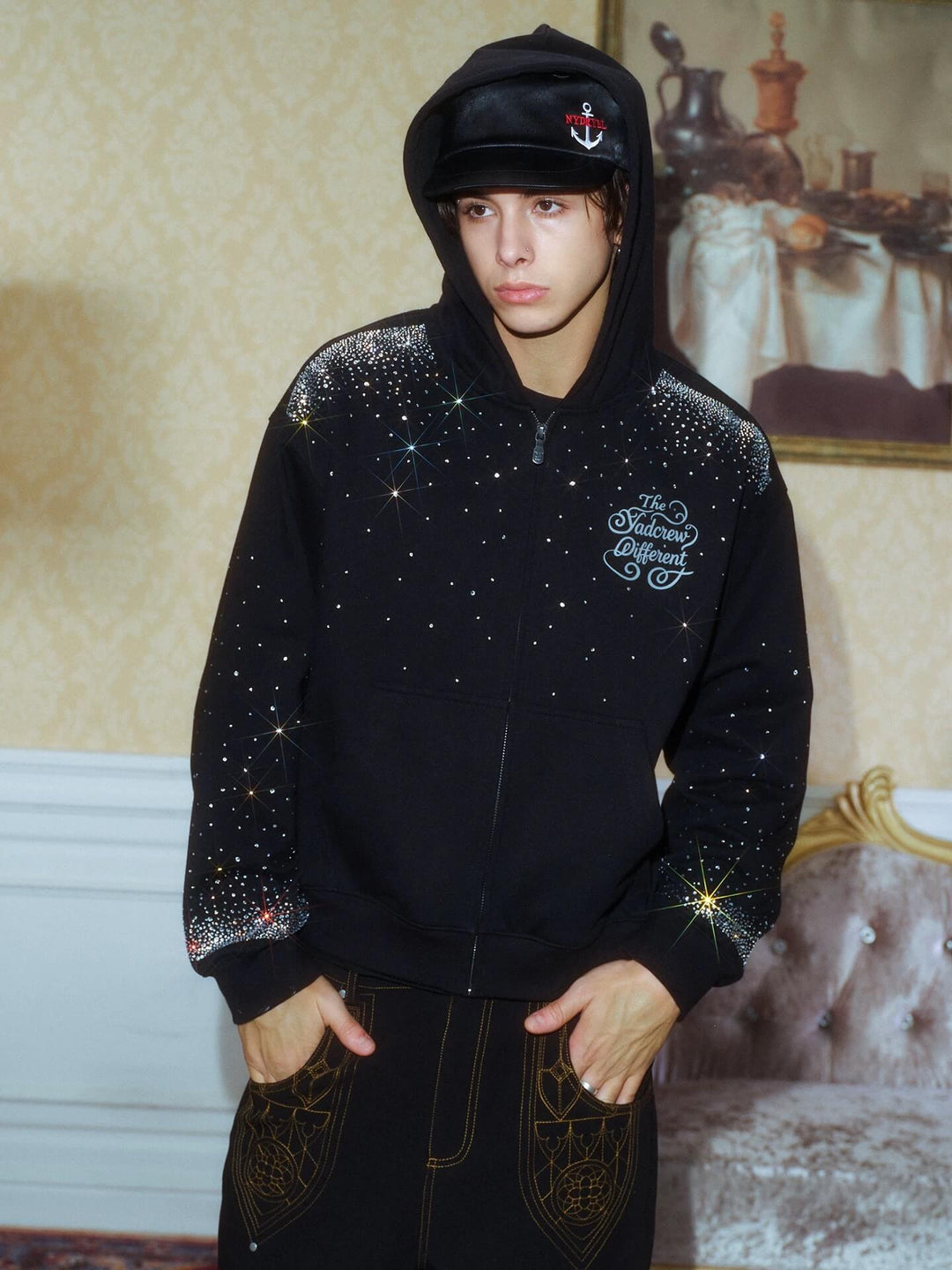 YADcrew All Over Gradient Rhinestone Zip Up Hoodie | Face 3 Face
