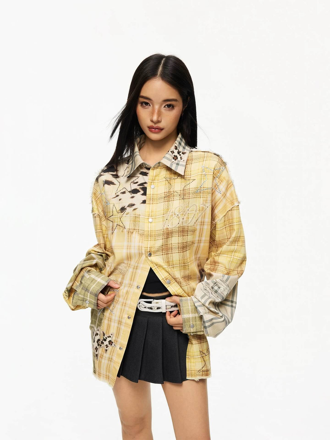 1807 Patchwork Print Plaid Rhinestone Long Sleeve Shirt | Face 3 Face