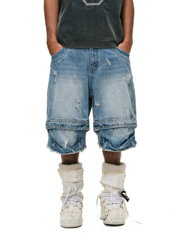 ANTIDOTE Destroyed Double-Layer Washed Denim Shorts | Face 3 Face