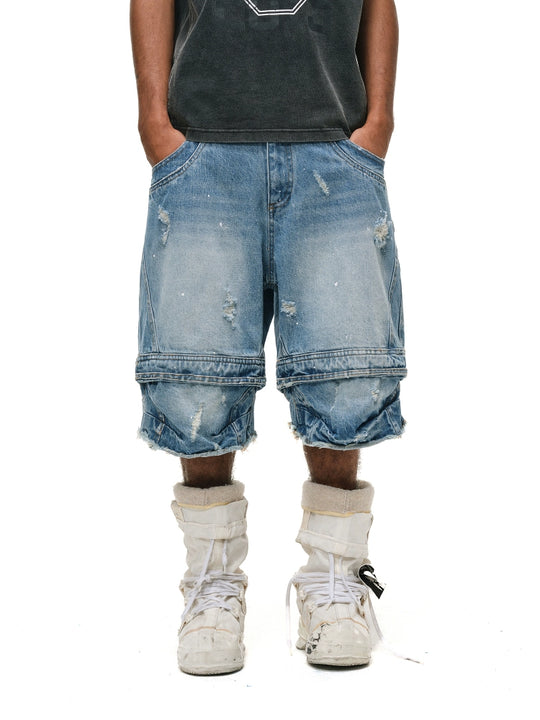 ANTIDOTE Destroyed Double-Layer Washed Denim Shorts | Face 3 Face