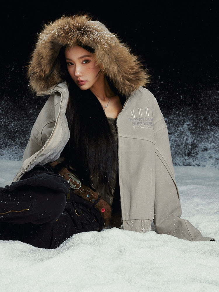 MEDM Removable Fur-Hooded Washed Work Jacket | Face 3 Face