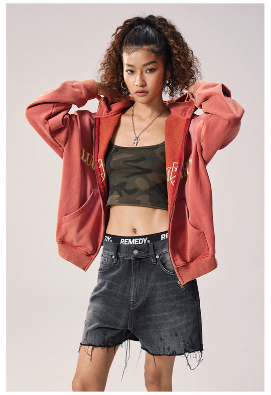 Remedy Washed Patch Embroidered Zip Up Hoodie | Face 3 Face