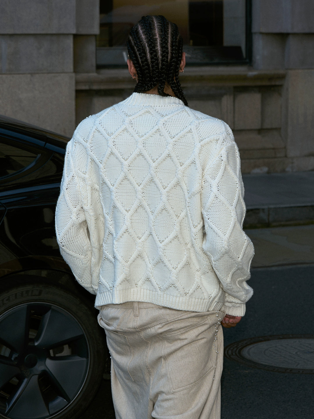 STEEPC Wool Blend Diamond Cable Knit Pearl Cardigan | Face 3 Face