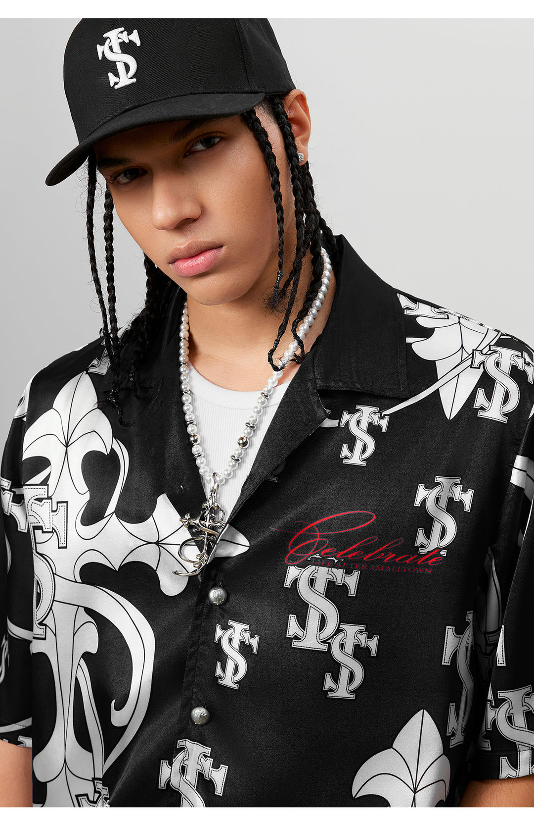 Small Town Kid Monogram Cross Logo Satin Cuban Shirt Set | Face 3 Face