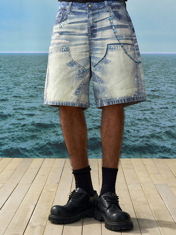 YADcrew Turquoise Double Knee Print Denim Shorts | Face 3 Face