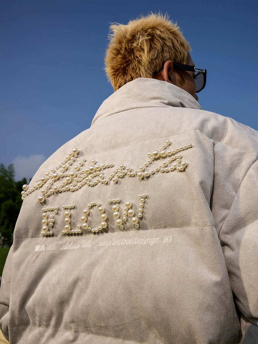 Harsh and Cruel Basic Pearl Embroidered Suede Puffer Jacket | Face 3 Face