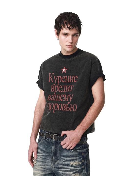 ANTIDOTE Cyrillic Letter Print Washed Short Sleeve Tee | Face 3 Face