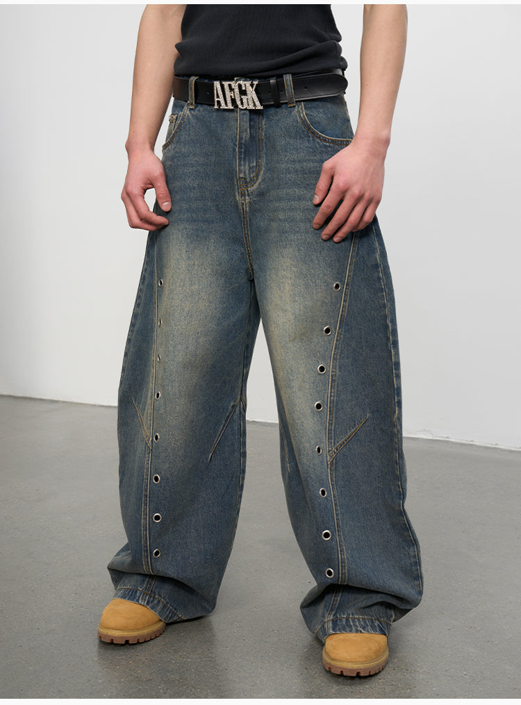 AFGK Metal Grommet Patchwork Washed Baggy Jeans | Face 3 Face
