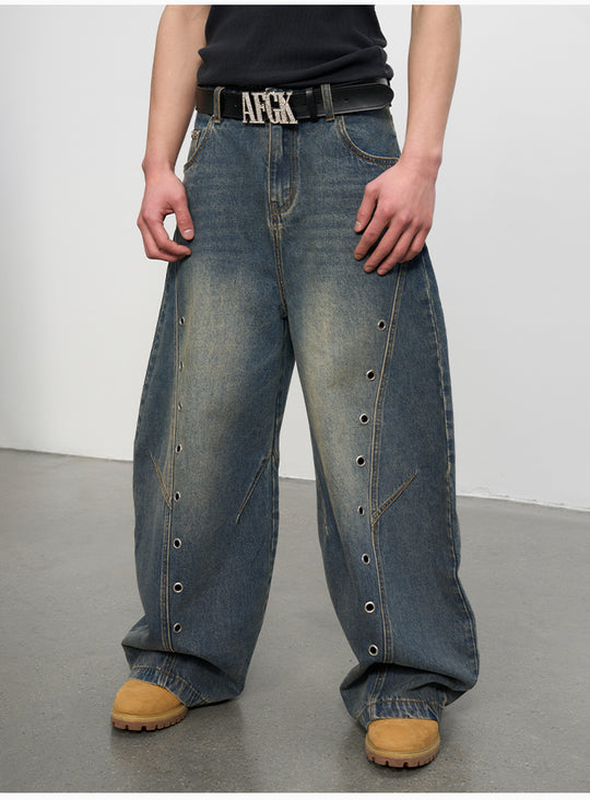 AFGK Metal Grommet Patchwork Washed Baggy Jeans | Face 3 Face