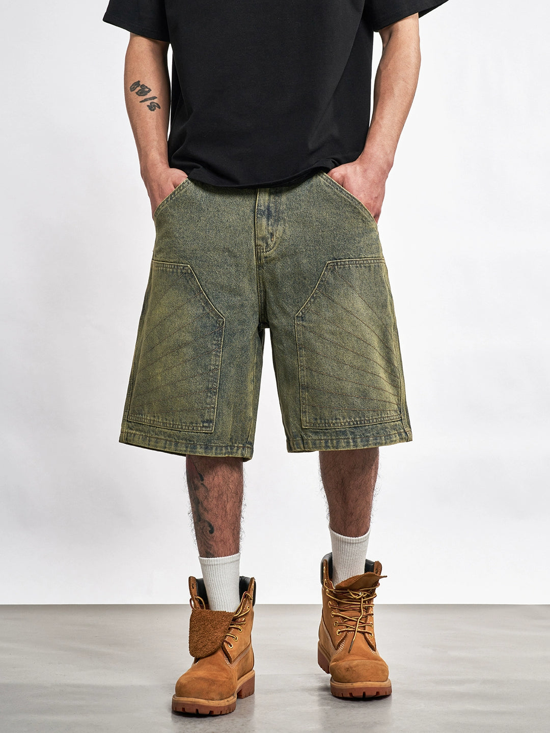 F3F Select Double Knee Line Stitch Denim Shorts | Face 3 Face