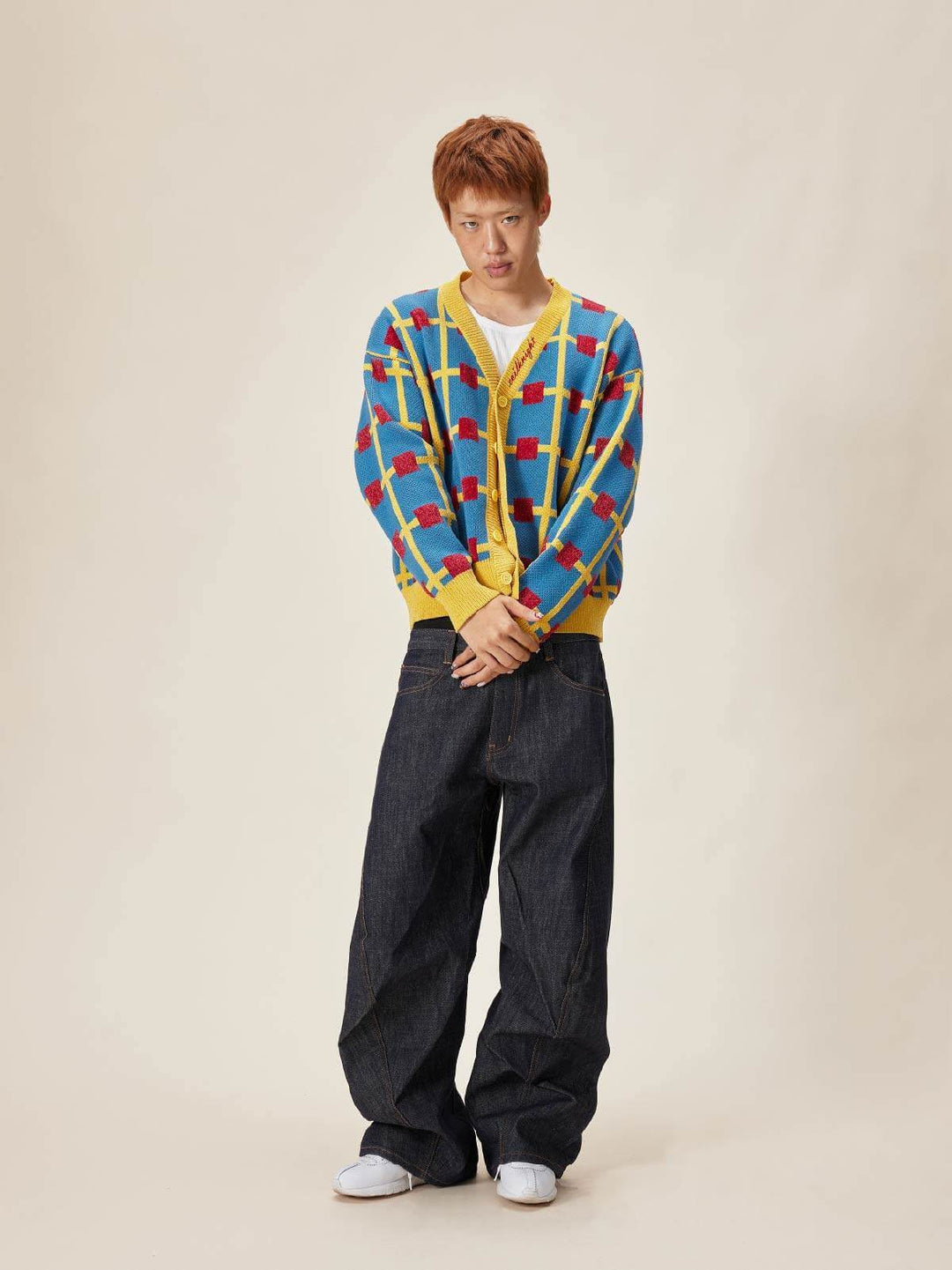 EVILKNIGHT(EK) Multicolor Checkerboard Knit Cardigan