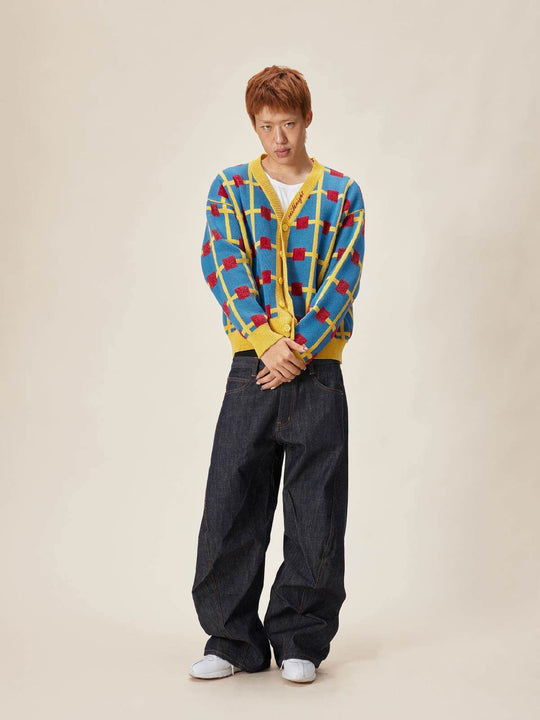 EVILKNIGHT(EK) Multicolor Checkerboard Knit Cardigan