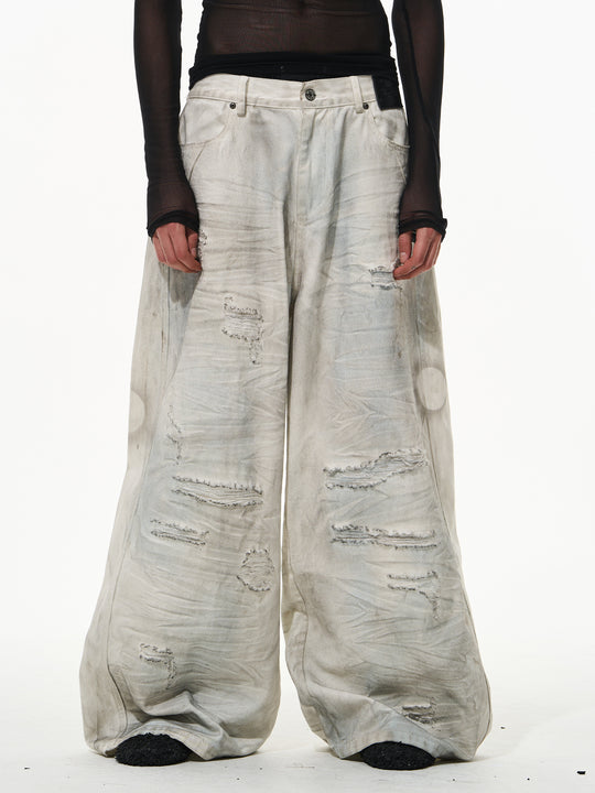 BLIND NO PLAN Washed Mud-Dyed Ripped White Baggy Jeans | Face 3 Face