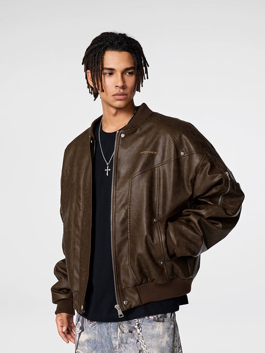 Bomber Jacket | Achock Brown PU Leather MA-1 Bomber Jacket | Face 3 Face