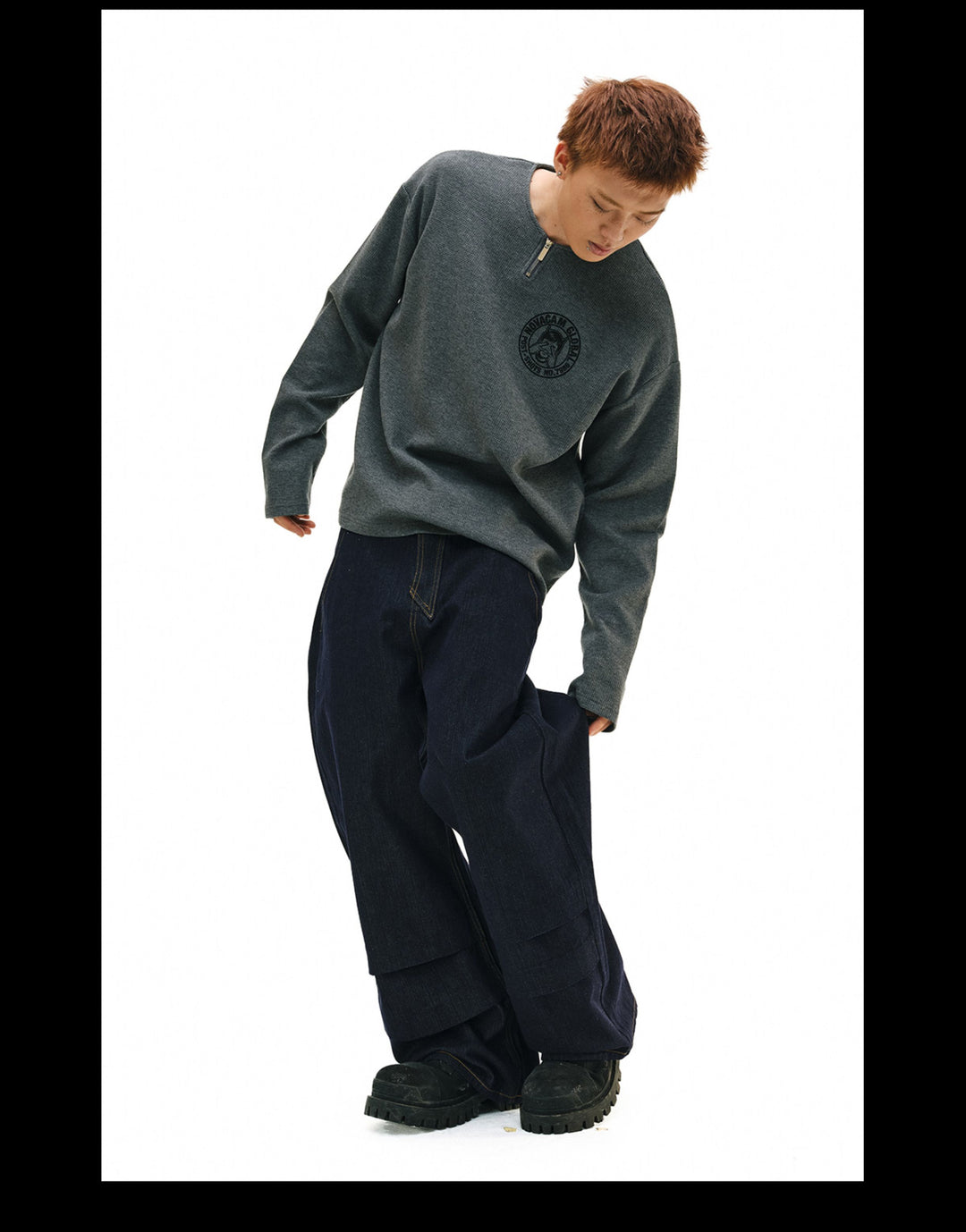 NOVACAM Waffle Vintage Print Zip Long Sleeve Tee | Face 3 Face