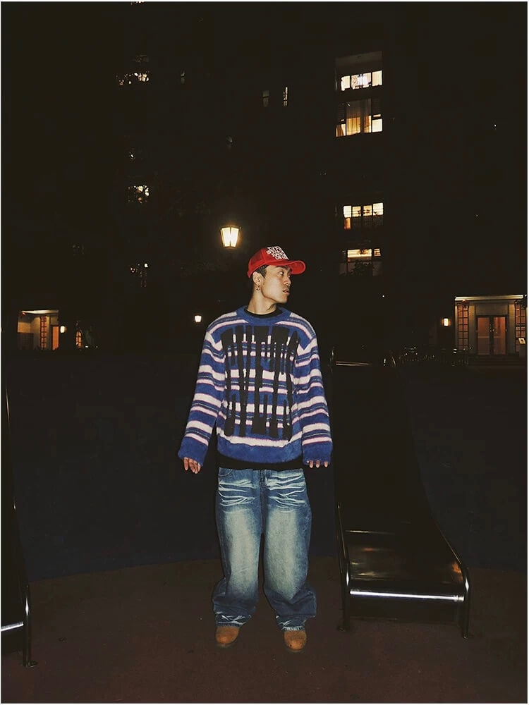 EVETS Logo Striped Fuzzy Knit Sweater | Face 3 Face