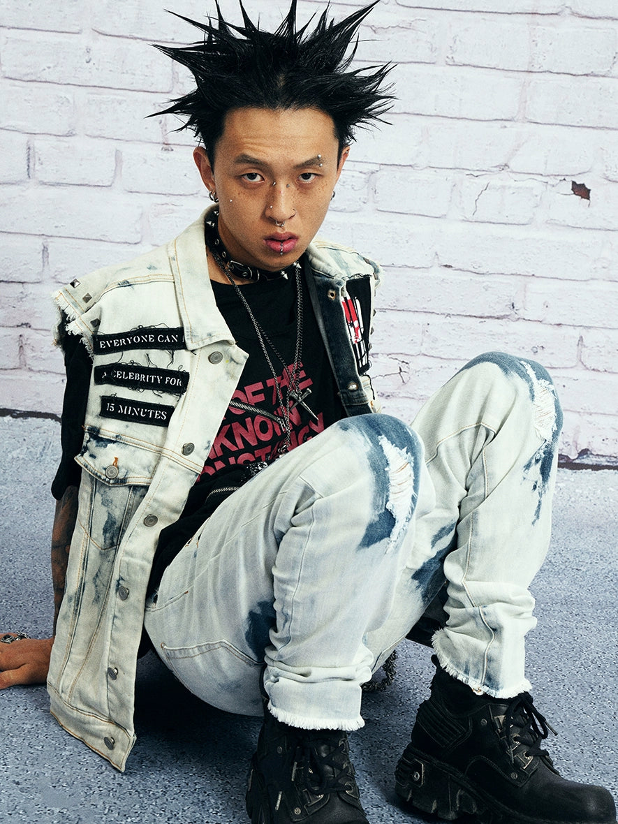 VENTUREK Bleach Wash Rivet Zipper Slim Jeans | Face 3 Face