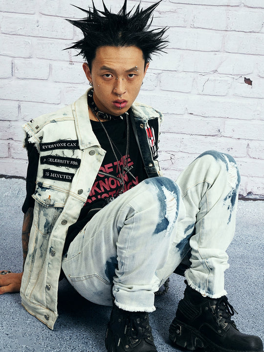 VENTUREK Bleach Wash Rivet Zipper Slim Jeans | Face 3 Face