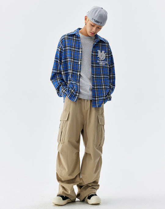 MEDM Blue Pearl Embroidery Plaid Long Sleeve Shirt | Face 3 Face