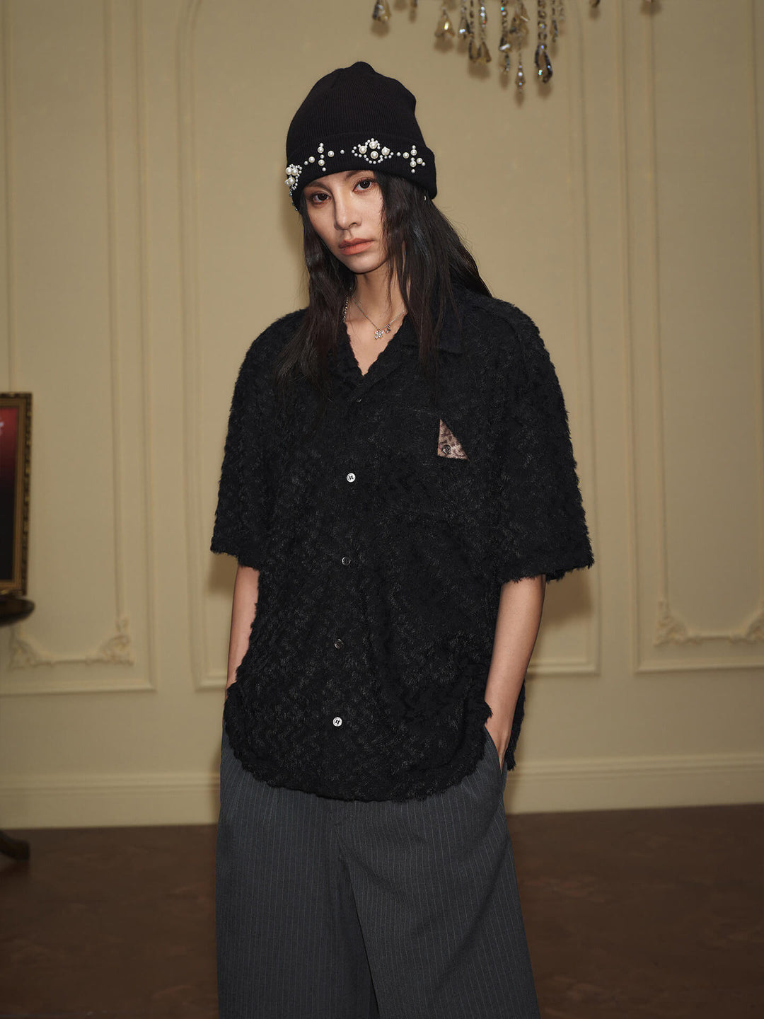 YADcrew Wavy Stripe Fuzzy Short Sleeve Shirt | Face 3 Face