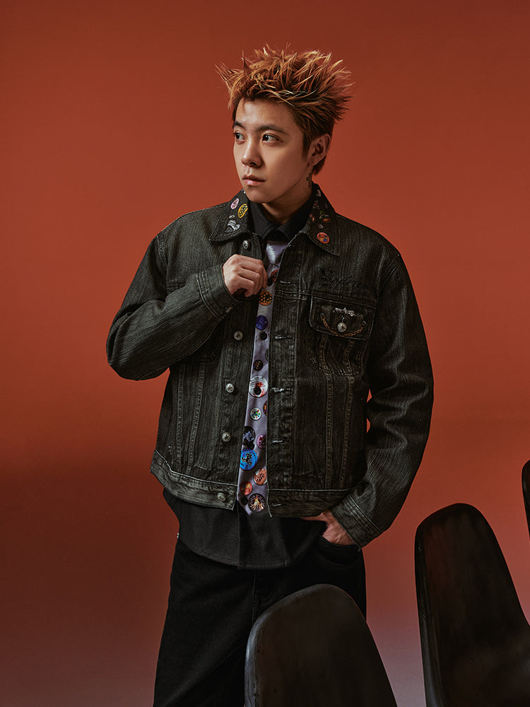 YADcrew Badge-Print Denim Jacket | Face 3 Face