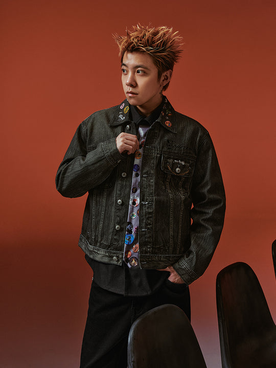 YADcrew Badge-Print Denim Jacket | Face 3 Face