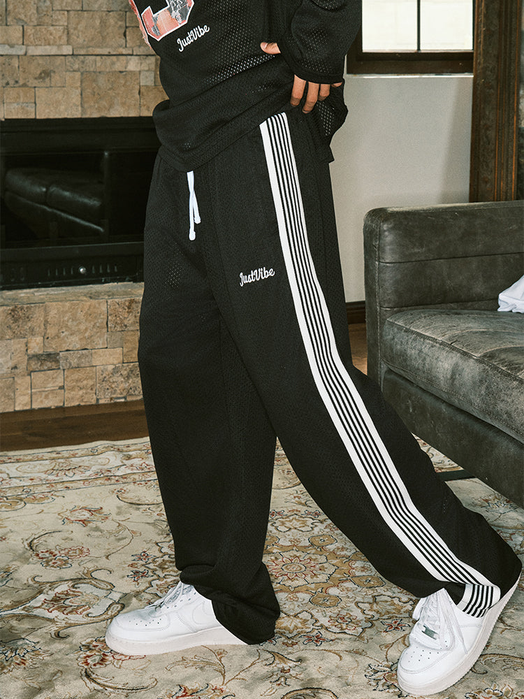 JUST VIBE Double Layer Mesh Side Stripe Track Pants | Face 3 Face