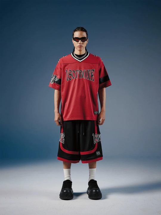 1807 Color Block Patchwork Leather Logo Patch Mesh Shorts | Face 3 Face