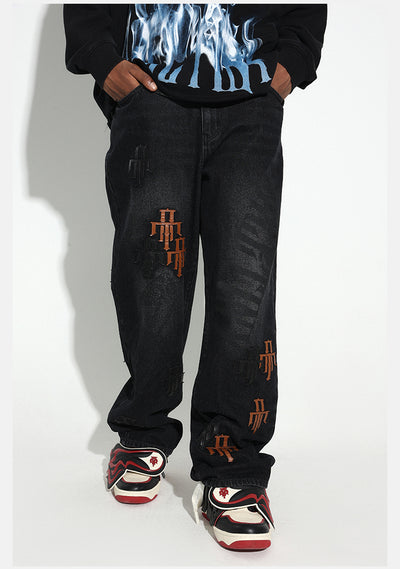 DICETINY Logo Leather Embroidered Jeans | Face 3 Face