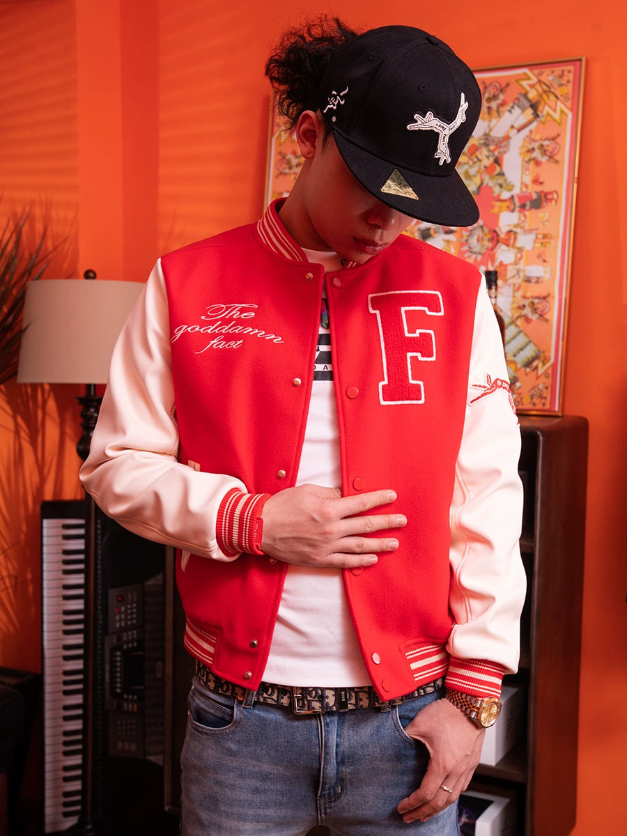 TGFCLUB Embroidery Patchwork PU Leather Varsity Jacket | Face 3 Face