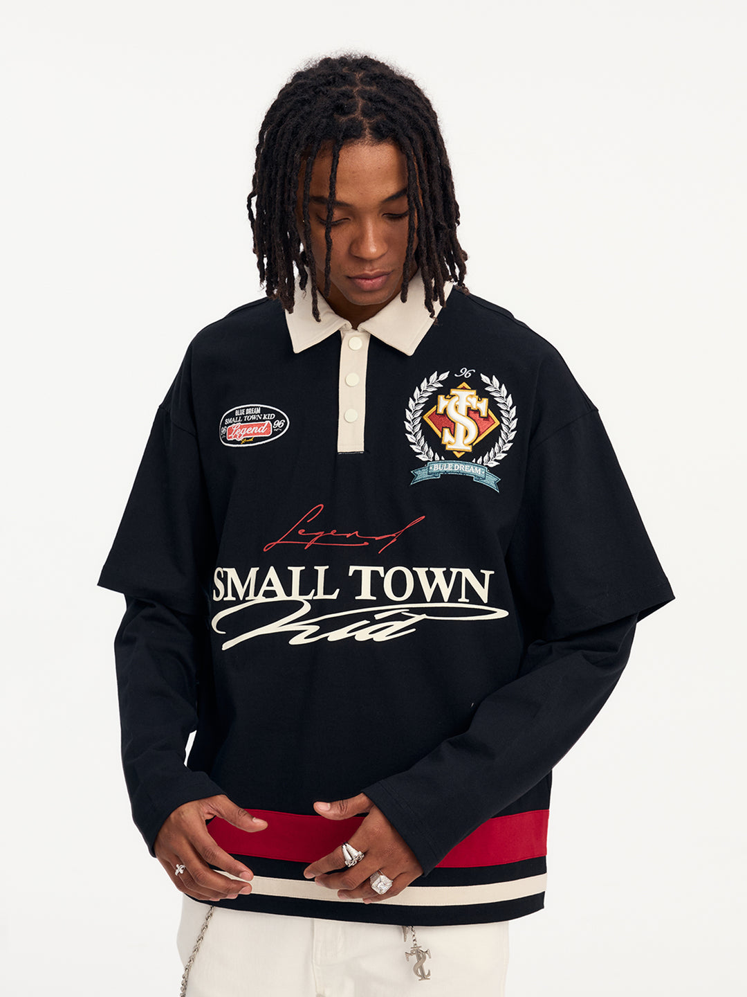 Small Town Kid 3D Embroidered Badge Fake Two-Piece Long-Sleeve Polo | Face 3 Face