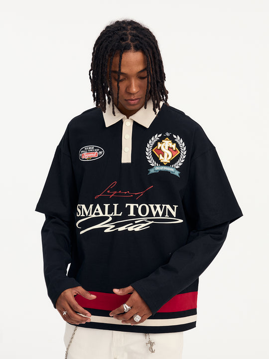 Small Town Kid 3D Embroidered Badge Fake Two-Piece Long-Sleeve Polo | Face 3 Face