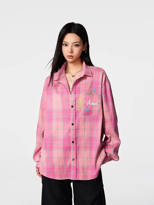 Achock Flower Embroidery Plaid Long Sleeved Shirt | Face 3 Face