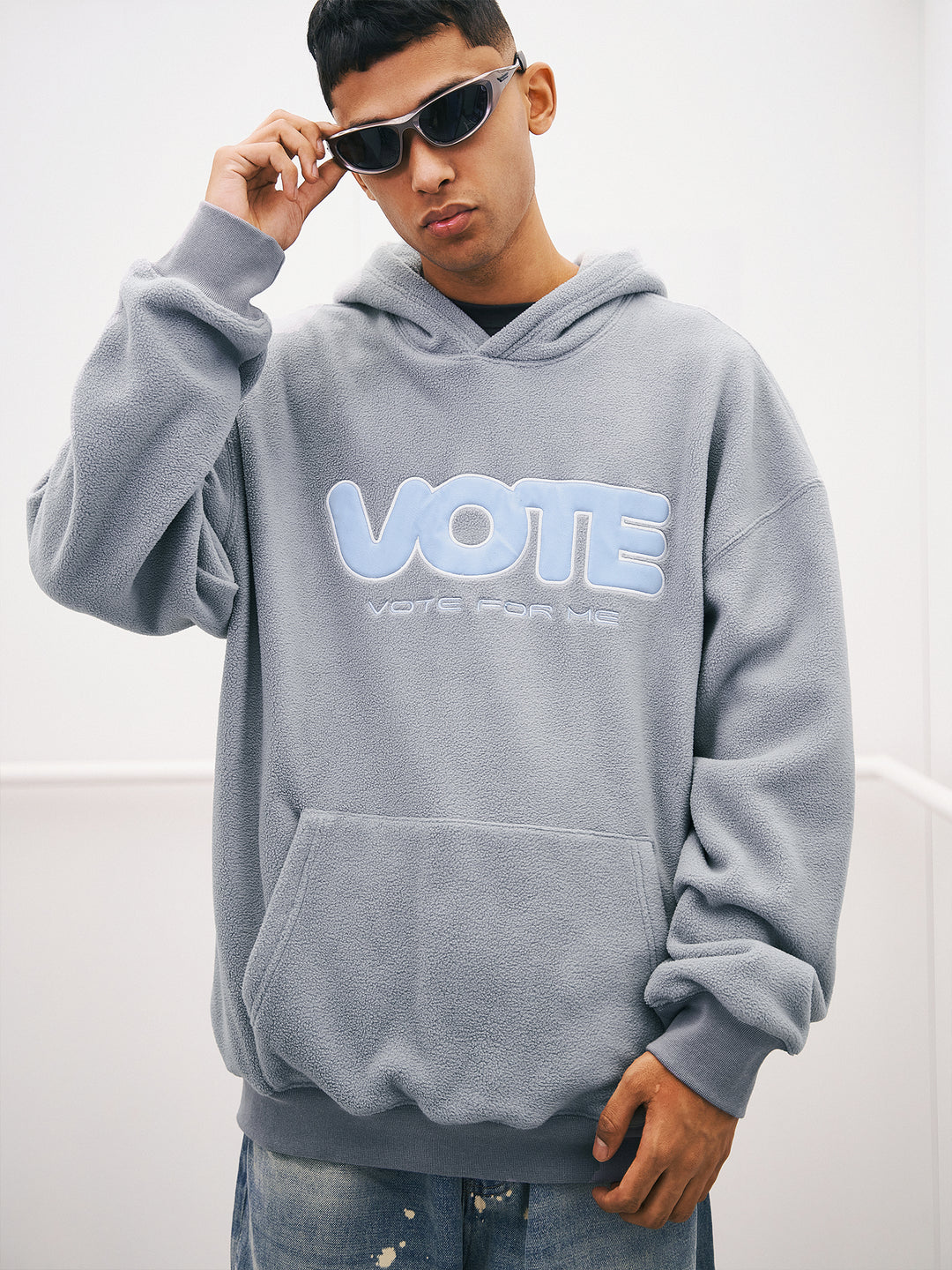 VOTE Fleece Logo Leather Splicing Hoodie