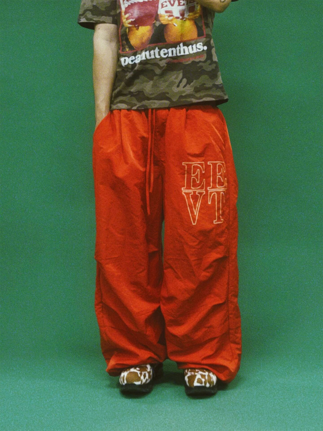 EVETS Orange Logo Print Nylon Baggy Track Pants | Face 3 Face