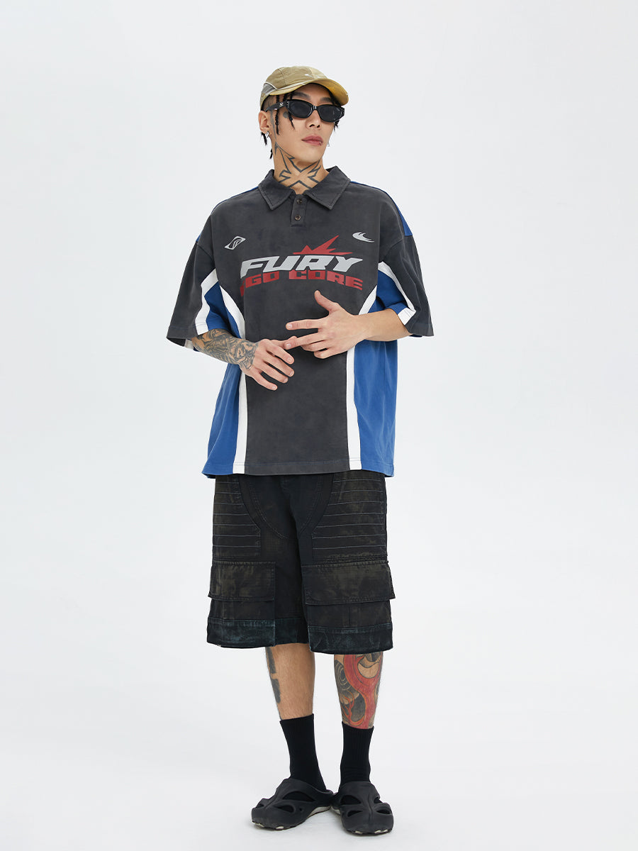 F2CE Washed & Old Splicing Printed Polo Shirt