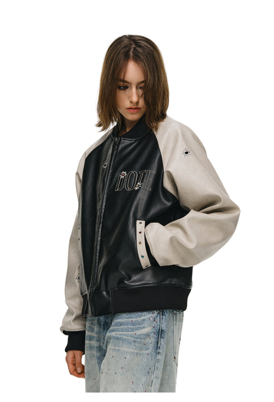 ANTIDOTE Bullseye Color Diamond Studded Leather Baseball Jacket | Face 3 Face