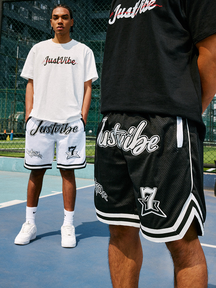 JUST VIBE Patch Embroidered Mesh Basketball Shorts | Face 3 Face
