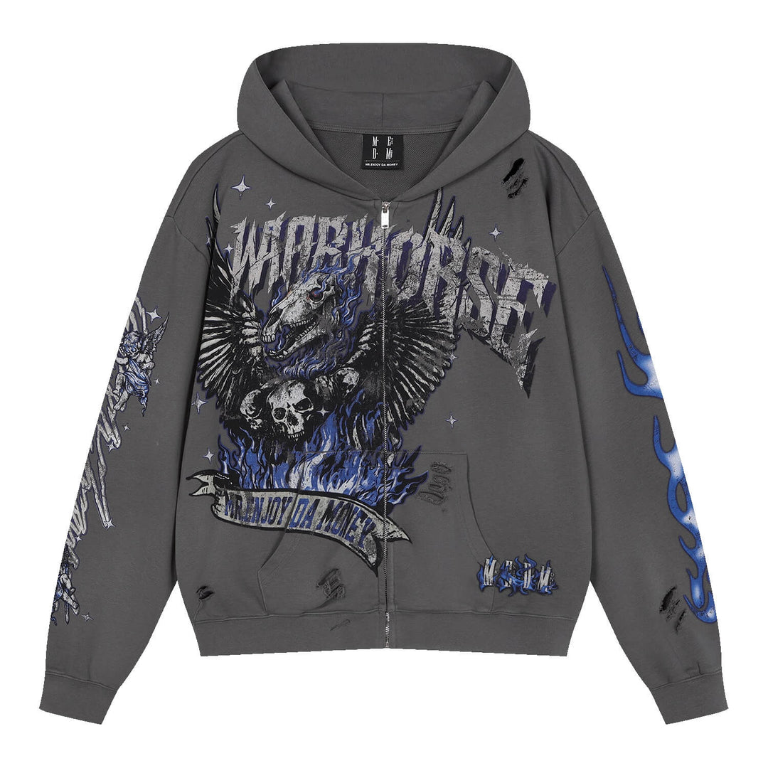 MEDM Skeleton Angel Graphic Print Distressed Zip Up Hoodie | Face 3 Face