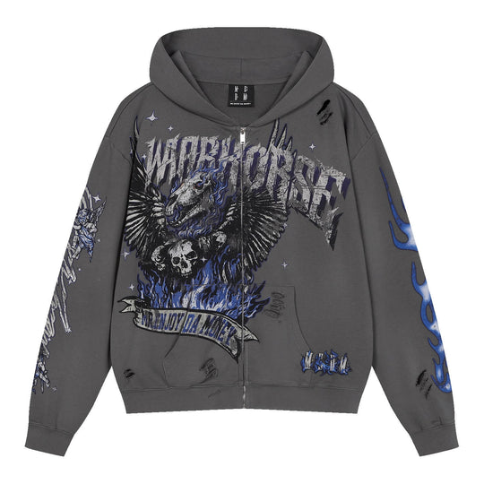 MEDM Skeleton Angel Graphic Print Distressed Zip Up Hoodie | Face 3 Face