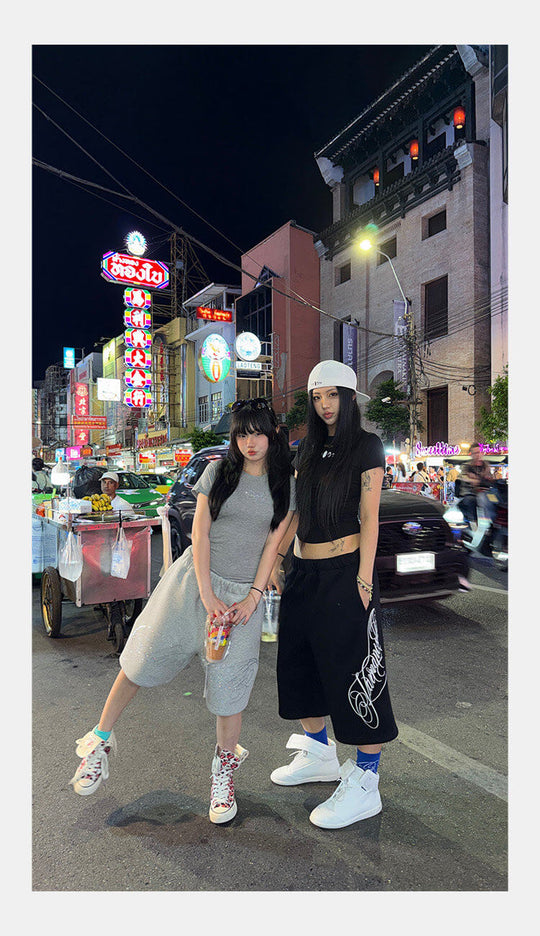 KARMANISTIC Rhinestone Letter Sweat Shorts | Face 3 Face
