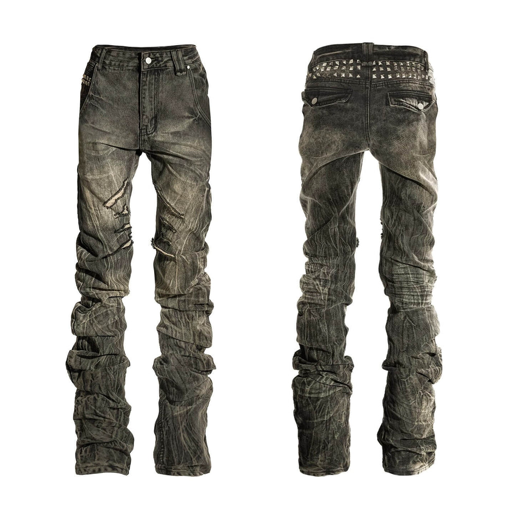 Night Lab Rock Rivet Washed Distressed Curved Slim Fit Jeans | Face 3 Face