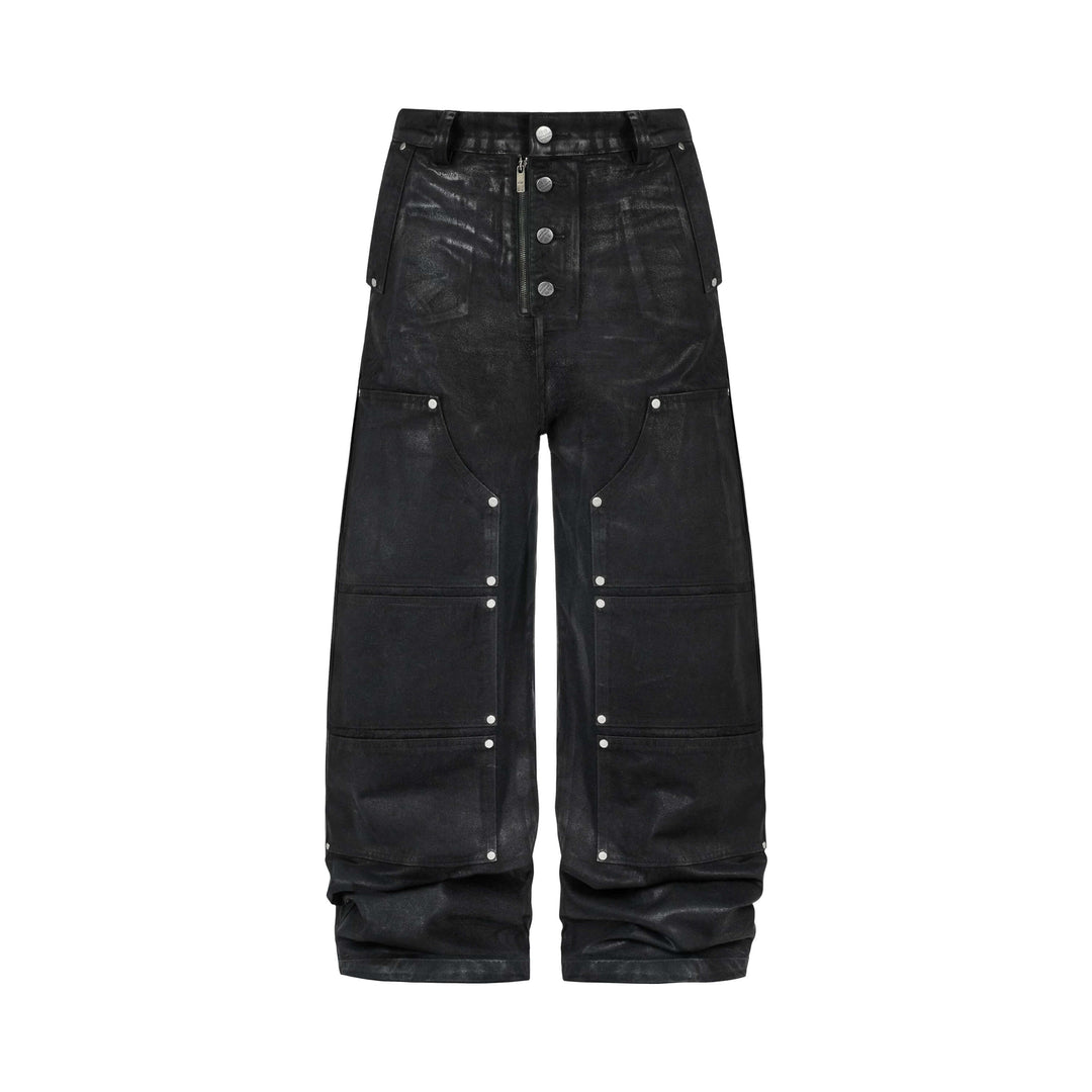 ANTIDOTE Wax Finish Studded Distressed Double Knee Denim Pants | Face 3 Face