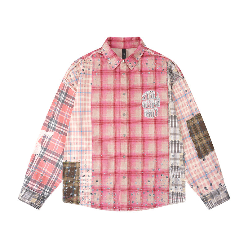 1807 Swarovski Crystal Diamond Plaid Long Sleeve Shirt | Face 3 Face