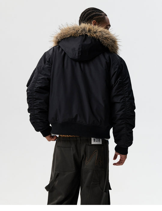 MEDM Animal Logo Patch Fur Hooded Bomber Jacket | Face 3 Face