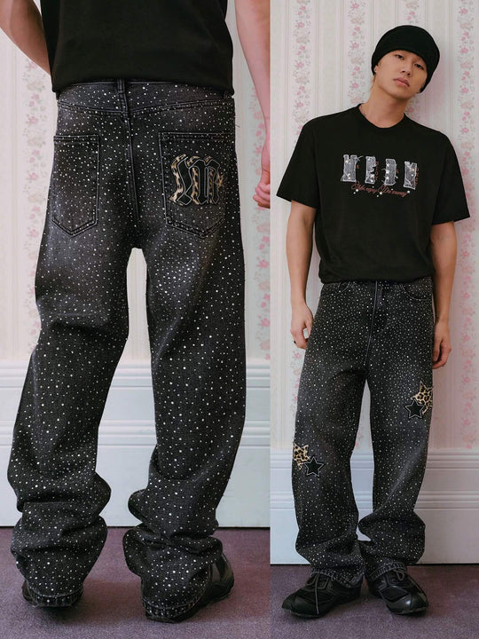 MEDM All Over Rhinestone Star Patch Jeans | Face 3 Face